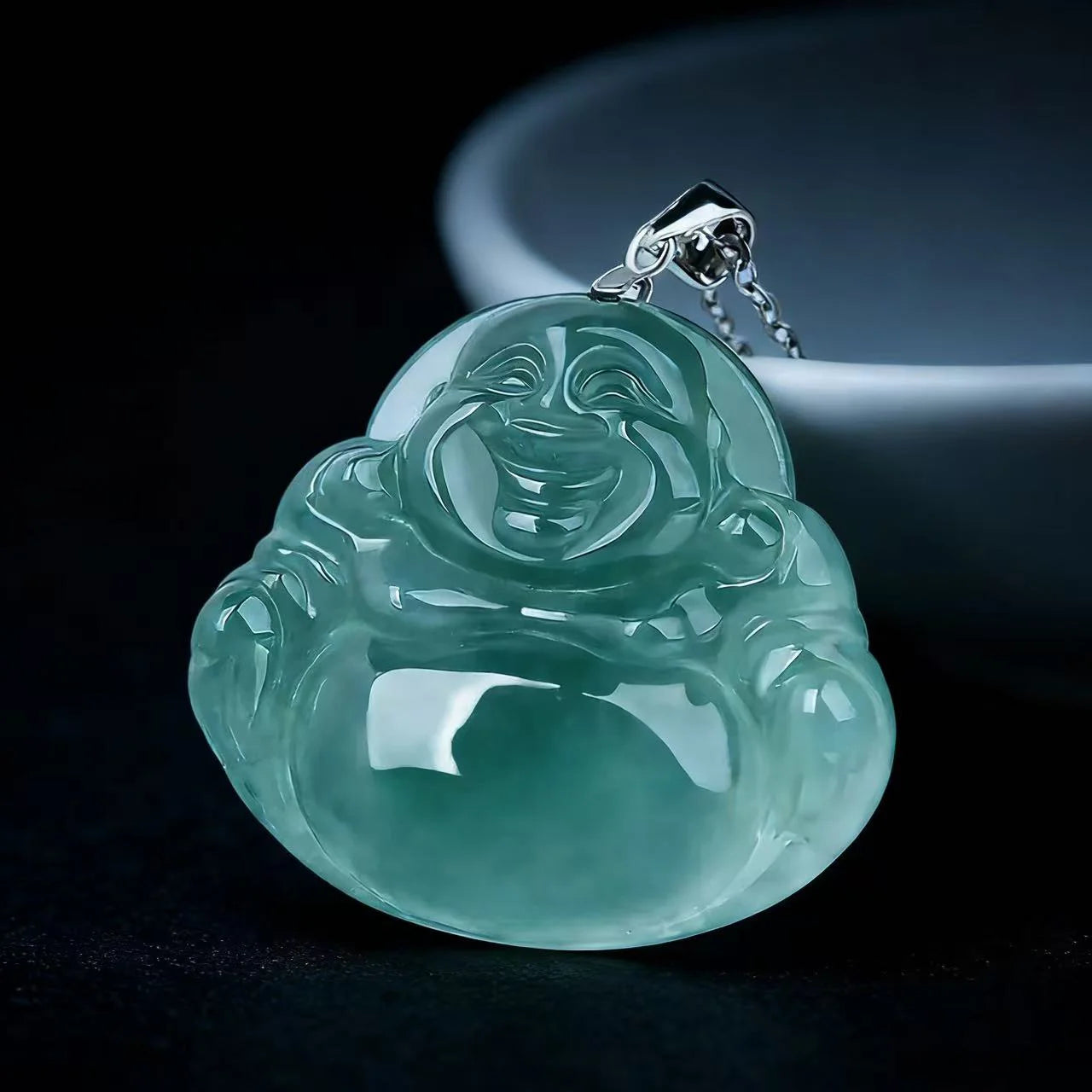 Natural Burmese Jadeite Maitreya Buddha Pendant Necklace – S925 Silver