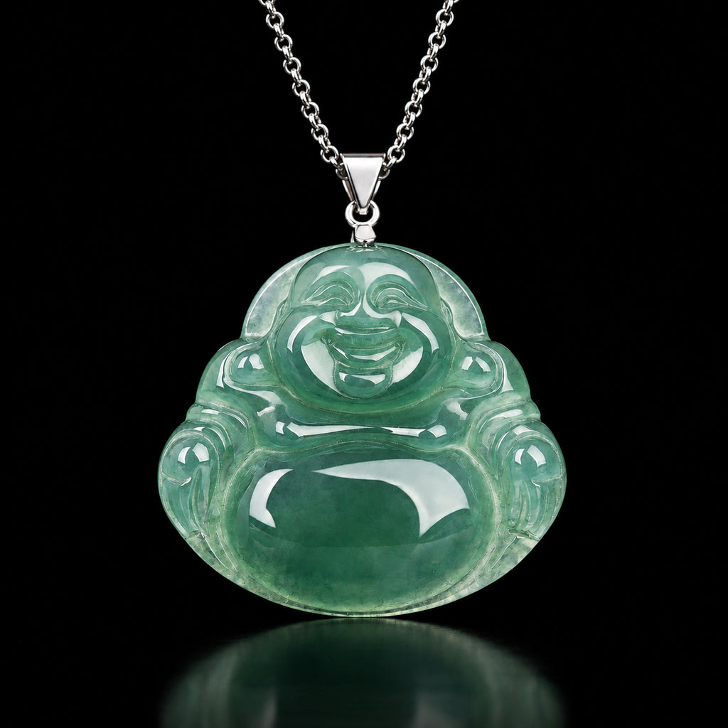 Natural Burmese Jadeite Maitreya Buddha Pendant Necklace – S925 Silver