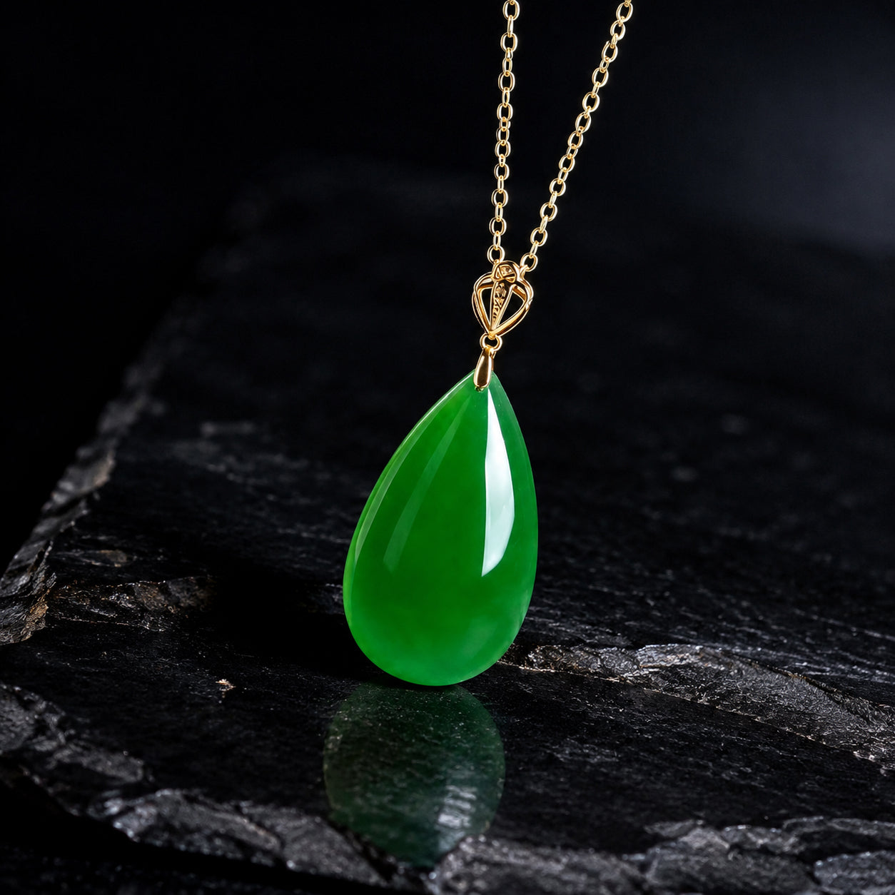 Green Jade Teardrop Necklace – S925 Silver Chain with 18K Gold Clasp, Elegant & Lucky Jewelry