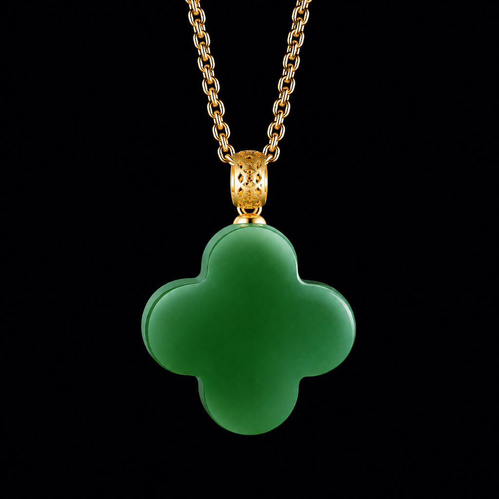 Real Green Jade Four-Leaf Clover Pendant Necklace – 925 Silver Chain 46CM with 18K Gold Clasp, Lucky Jewelry