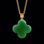 Real Green Jade Four-Leaf Clover Pendant Necklace – 925 Silver Chain 46CM with 18K Gold Clasp, Lucky Jewelry