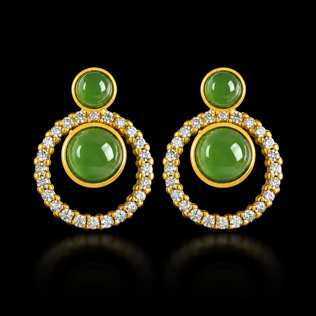 Green jade circle stud earrings with gold plated S925 silver