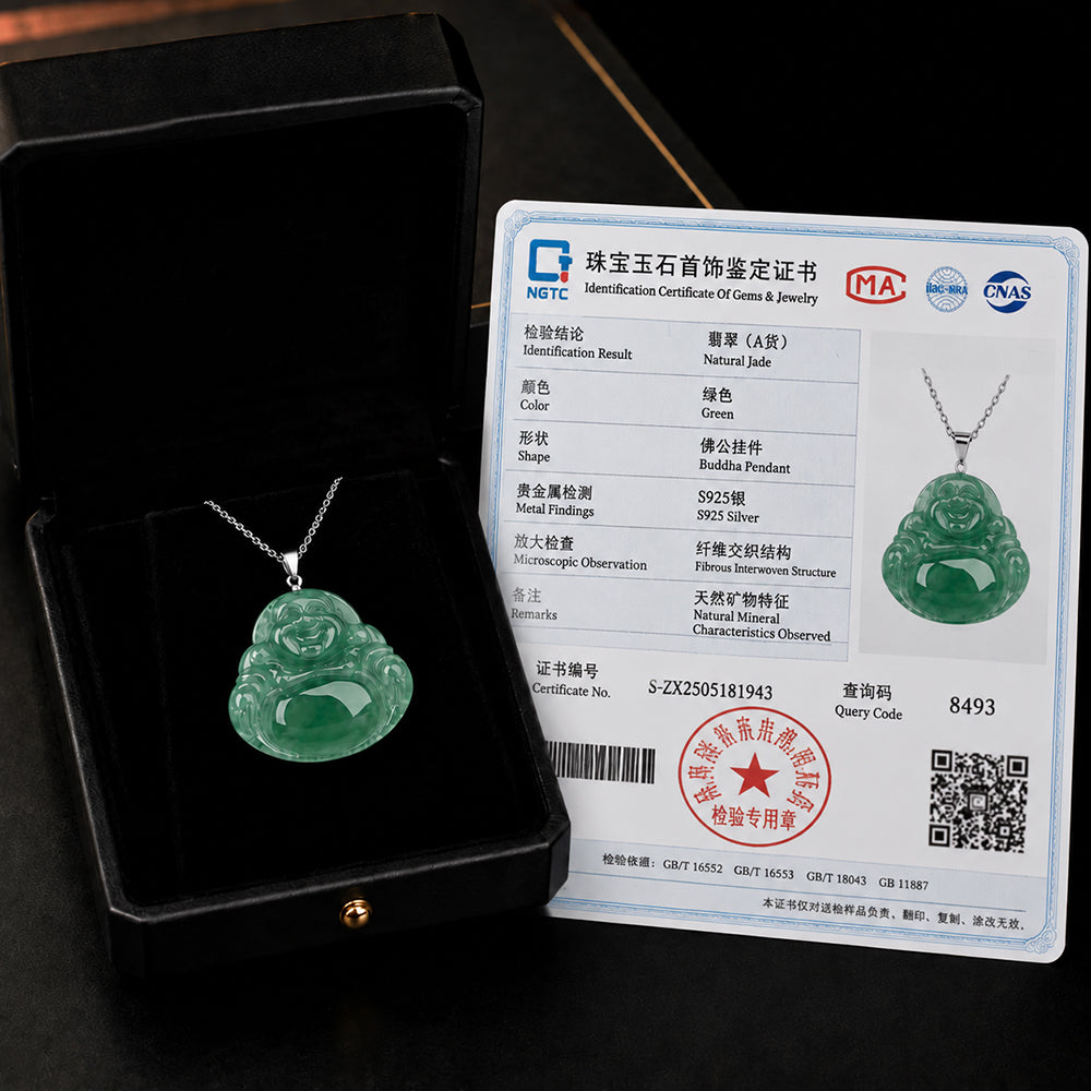 Natural Green Jadeite Laughing Buddha Pendant Necklace