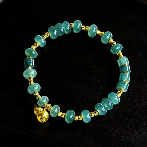 Blue green jade Hulu abacus bead bracelet worn on wrist