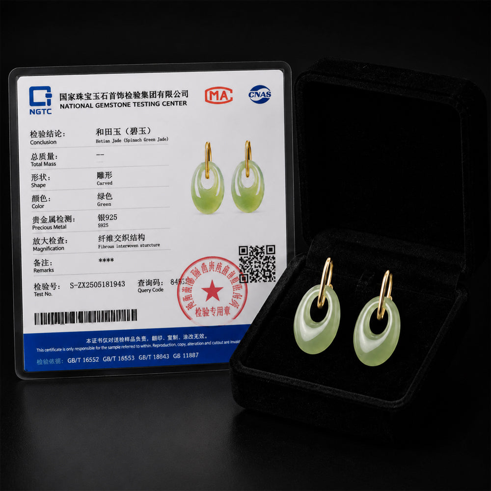 Natural Light Green Jadeite Oval Donut Drop Earrings