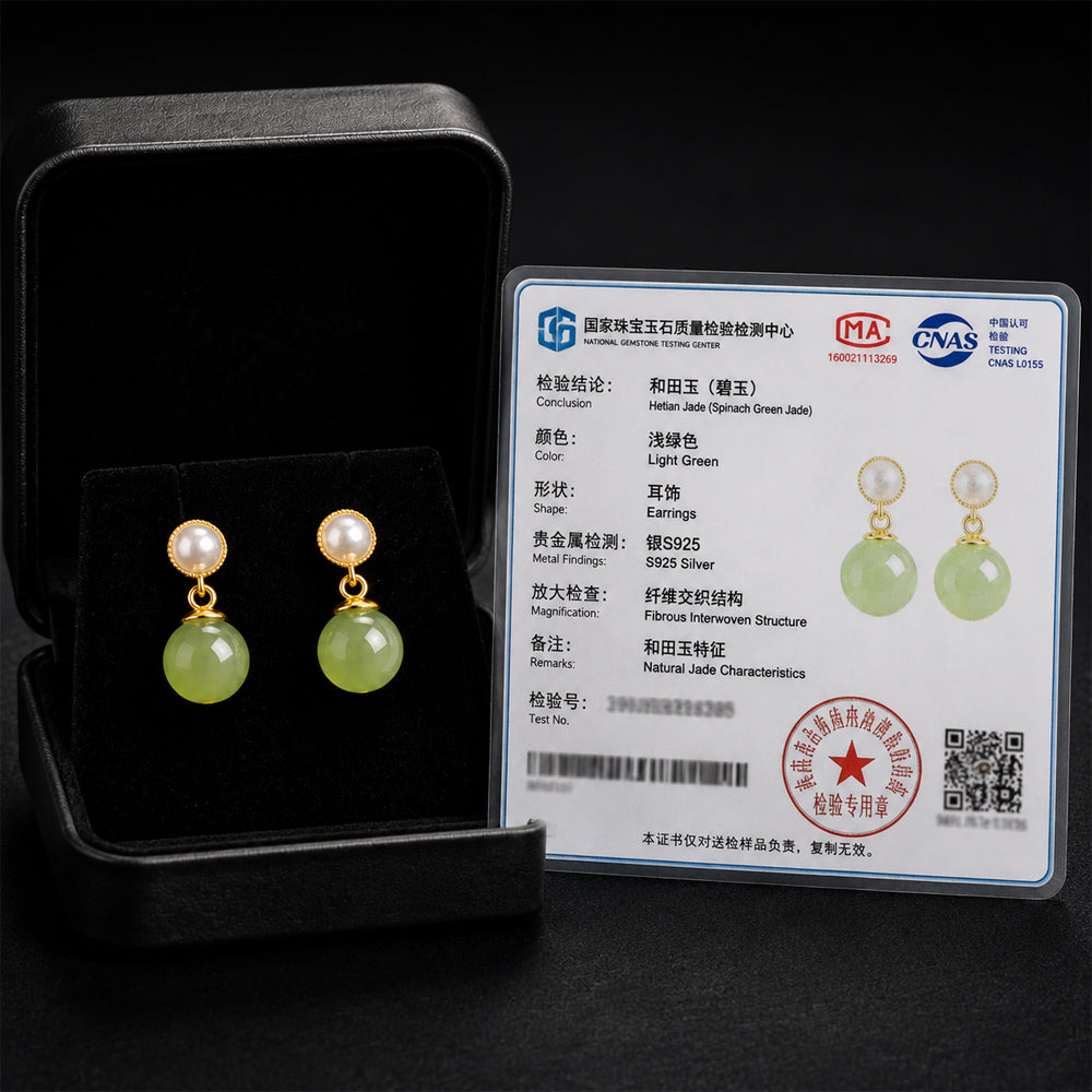 Natural Pale Yellow-Green Jade Bead Drop Earrings