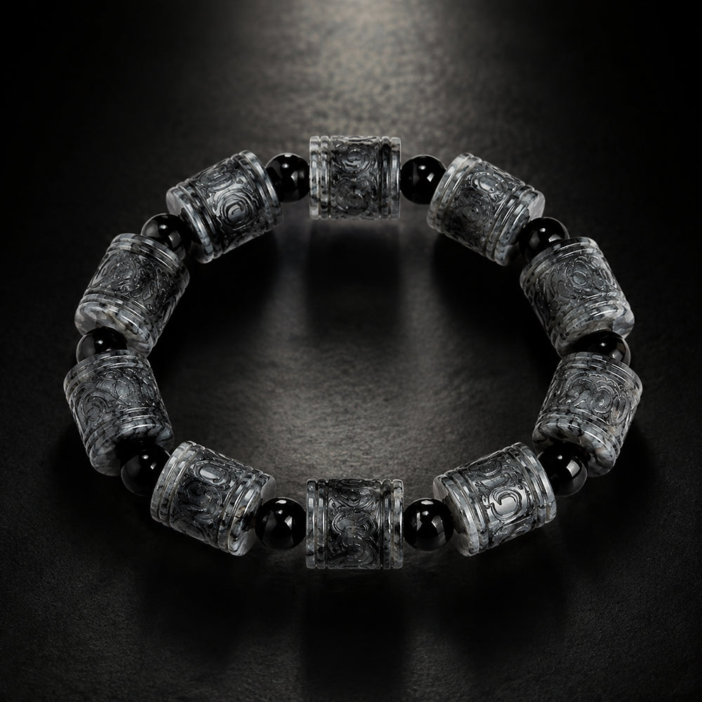 Natural Black Jadeite Carved Barrel Bead Bracelet for Men