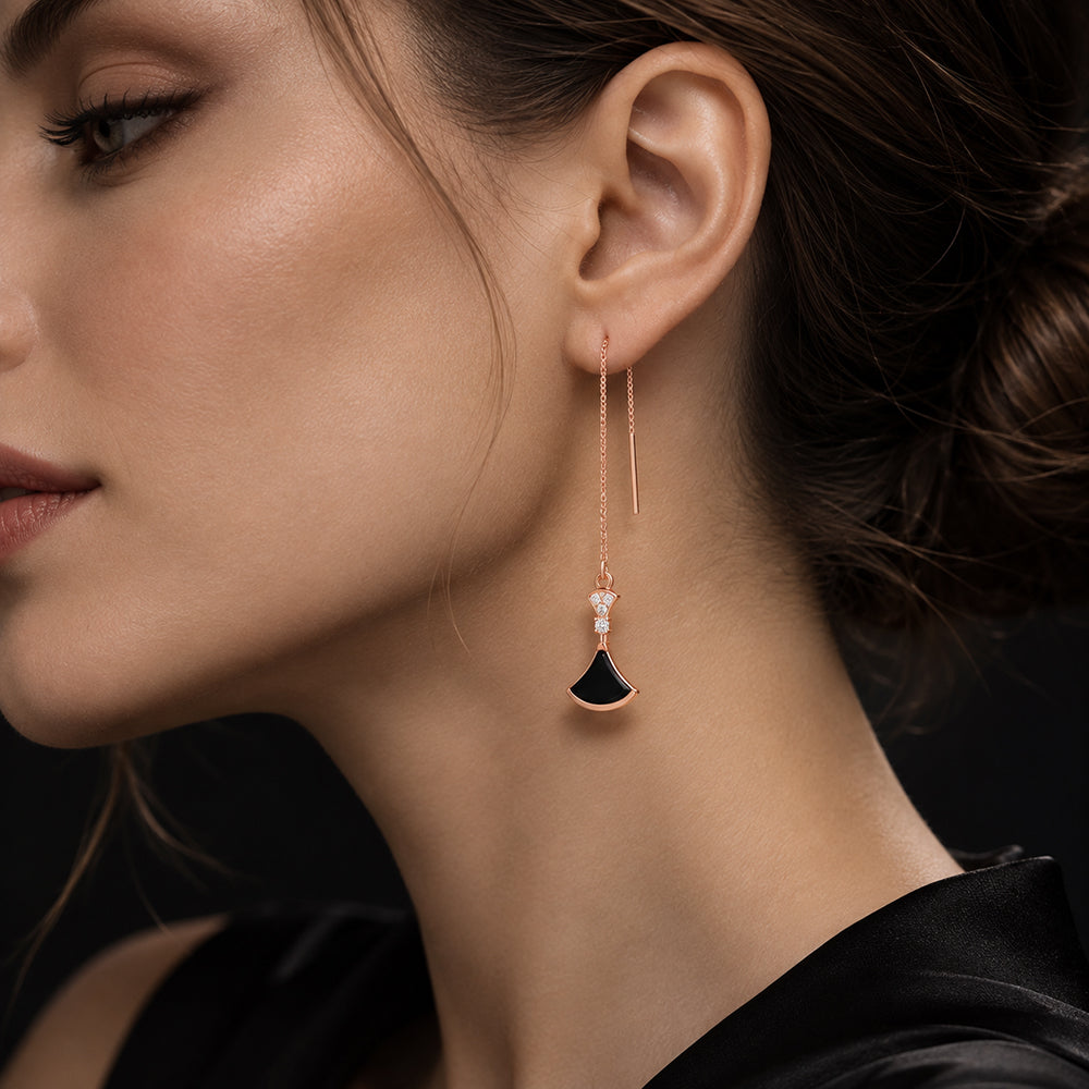 Natural Black Jadeite Threader Earrings in S925 Sterling Silver