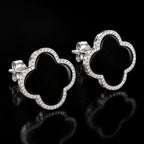Natural Black Jadeite Clover Stud Earrings in S925 Silver