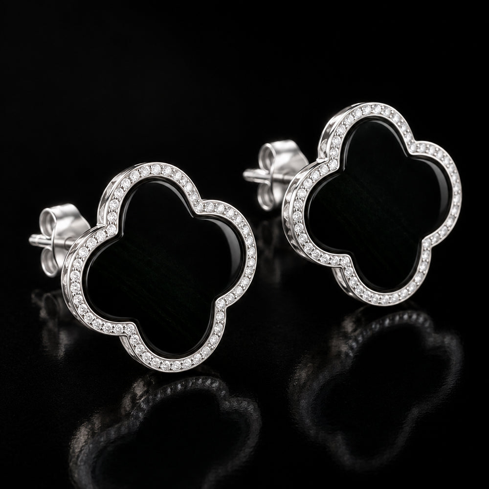 Natural Black Jadeite Clover Stud Earrings in S925 Silver