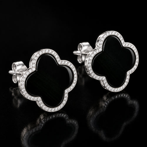 Black Jadeite Jade Clover Halo Stud Earrings