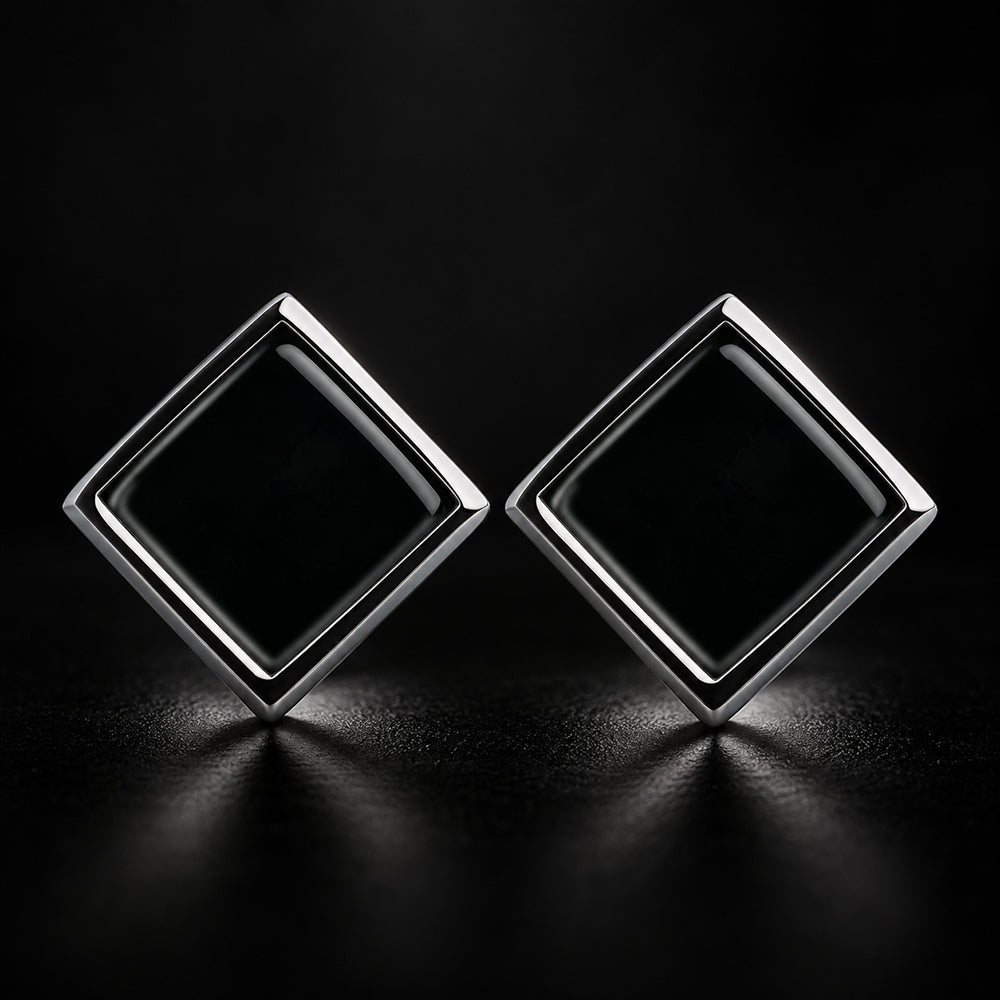 Natural Black Jadeite Square Stud Earrings in Sterling Silver