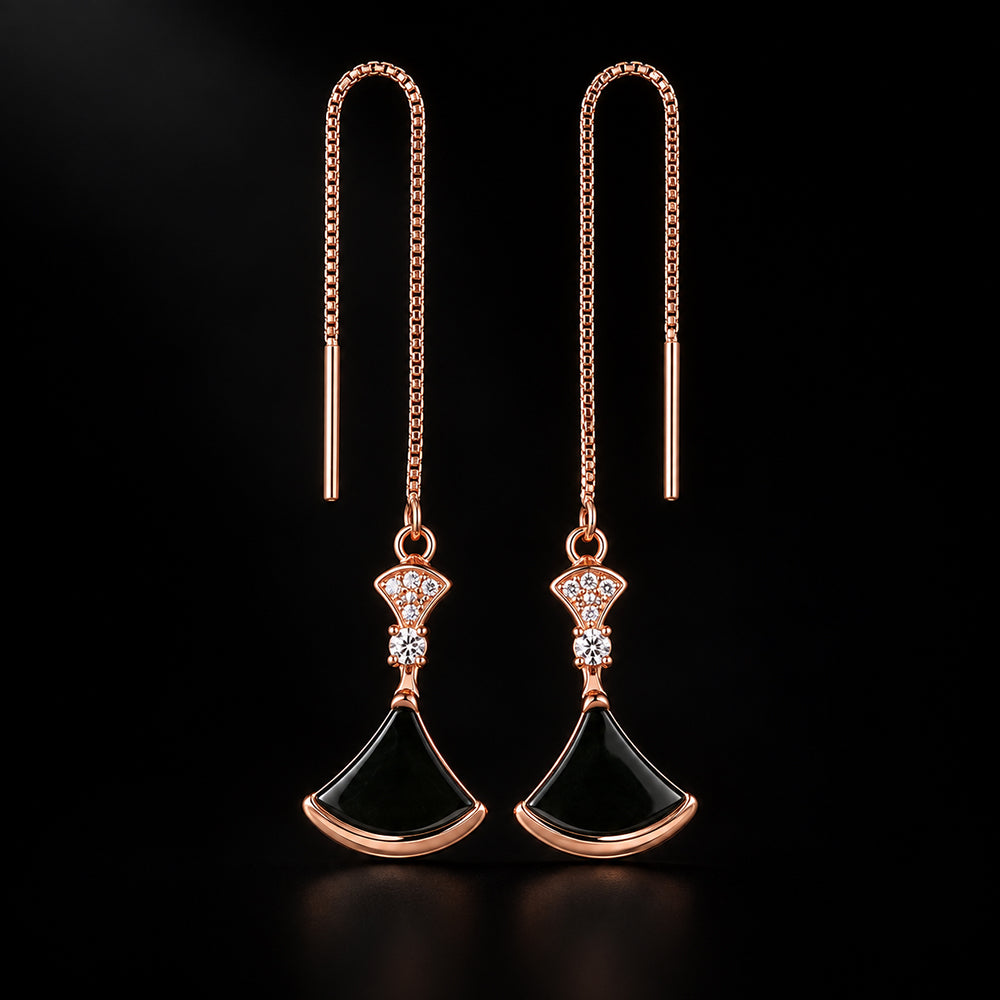Natural Black Jadeite Threader Earrings in S925 Sterling Silver