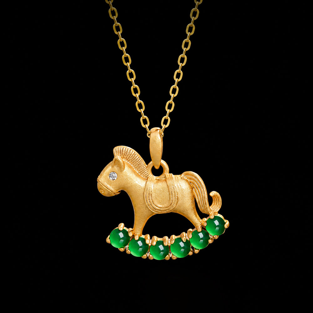Natural Green Jadeite Rocking Horse Pendant Necklace S925 Silver