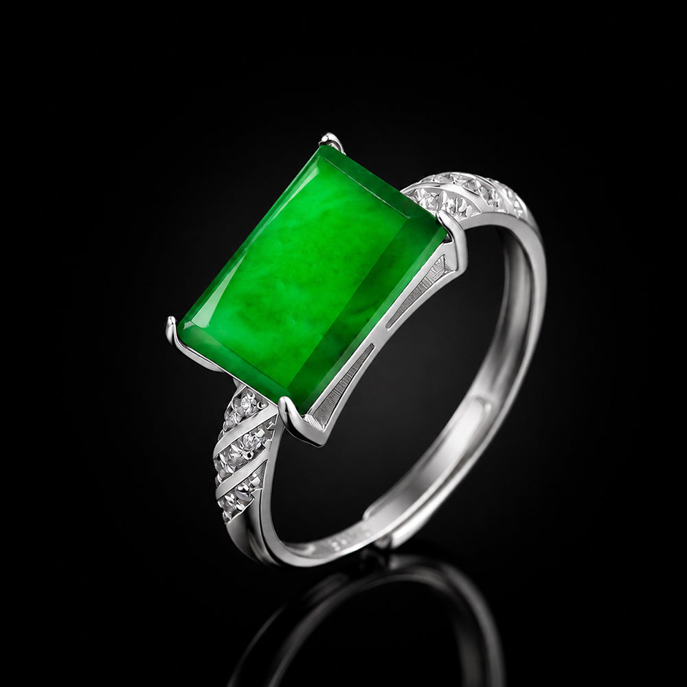 Natural Green Jadeite Saddle Ring Adjustable S925 Silver Jewelry