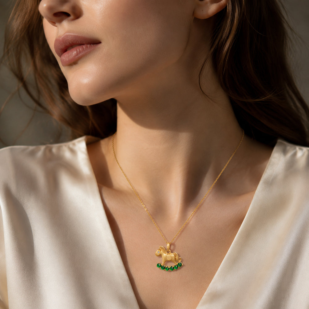 Natural Green Jadeite Rocking Horse Pendant Necklace S925 Silver