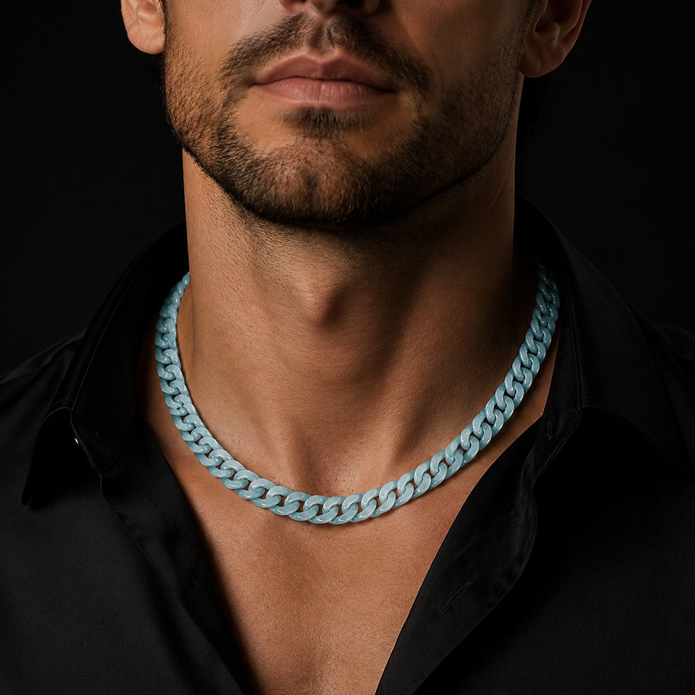 Natural Blue Jadeite Cuban Link Necklace – Unisex Jade Chain Jewelry