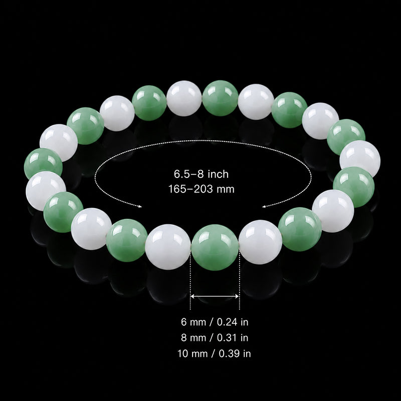 Natural White & Green Jadeite Bead Bracelet – 6mm 8mm 10mm