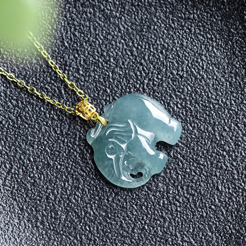 Real Blue Jadeite Elephant Pendant Necklace – 925 Silver Chain 46CM, 18K Gold Clasp jade BMjade