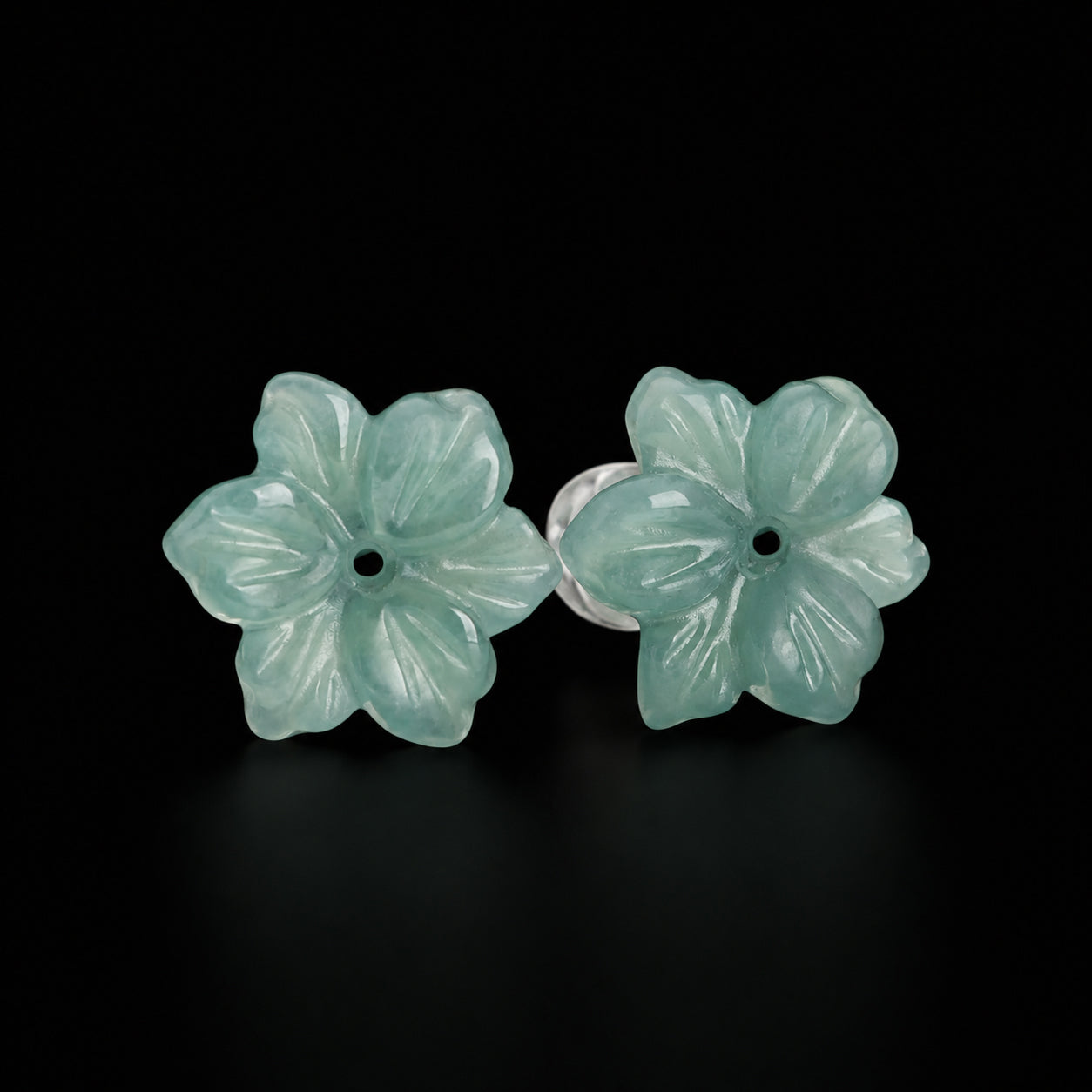 Blue green jade flower stud earrings with S925 silver posts