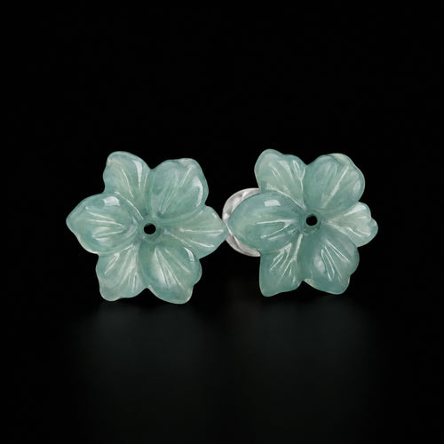 Blue green jade flower stud earrings with S925 silver posts