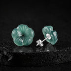 Blue Green Jadeite Plum Blossom Stud Earrings in S925 Silver