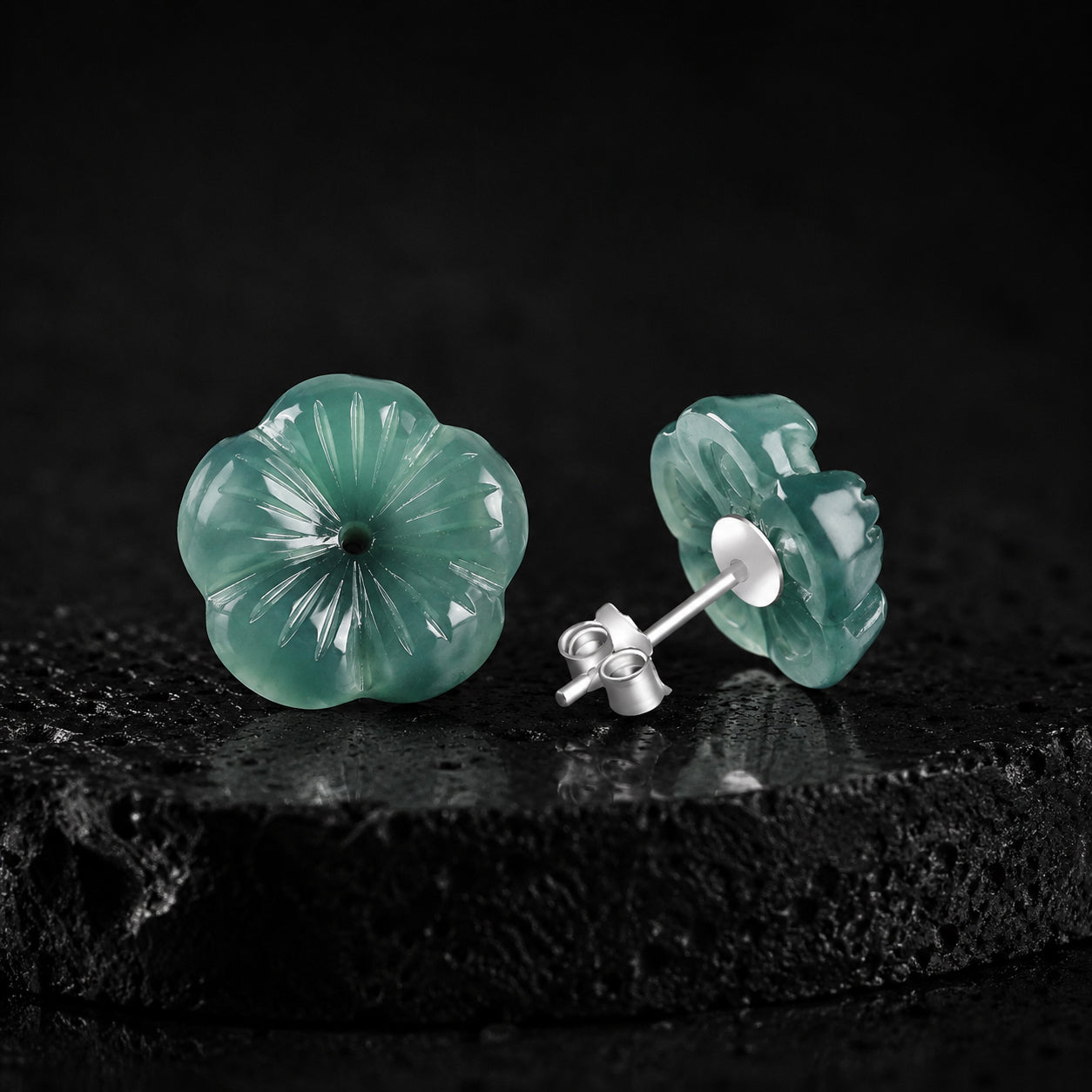 Blue Green Jade Plum Blossom Stud Earrings in S925 Silver