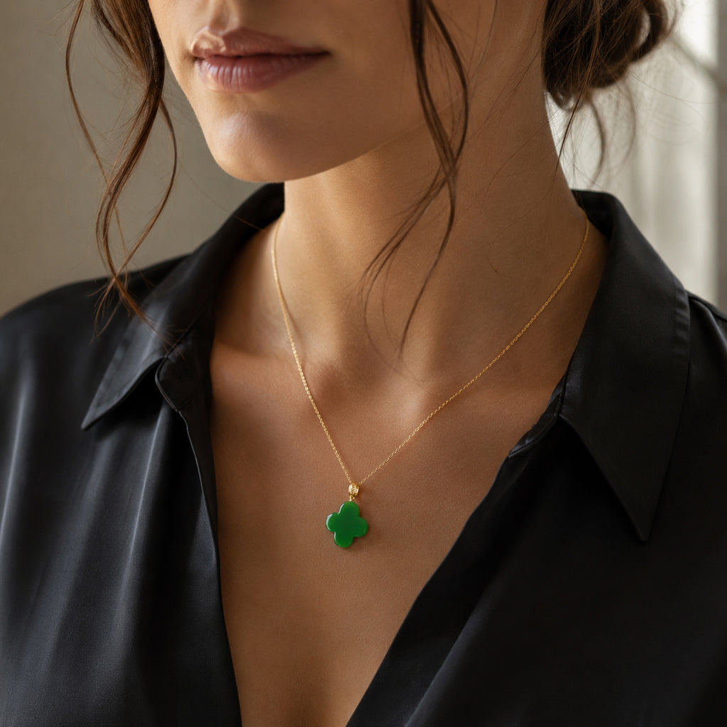 Real Green Jade Four-Leaf Clover Pendant Necklace – 925 Silver Chain 46CM with 18K Gold Clasp, Lucky Jewelry
