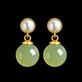 Natural pale yellow green jadeite pearl drop earrings