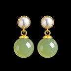 Natural pale yellow green jadeite pearl drop earrings