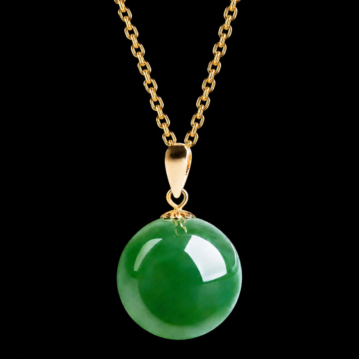 Green Jade Round Bead Pendant Necklace – 45CM 18K Gold Clasp, Elegant & Lucky Jewelry