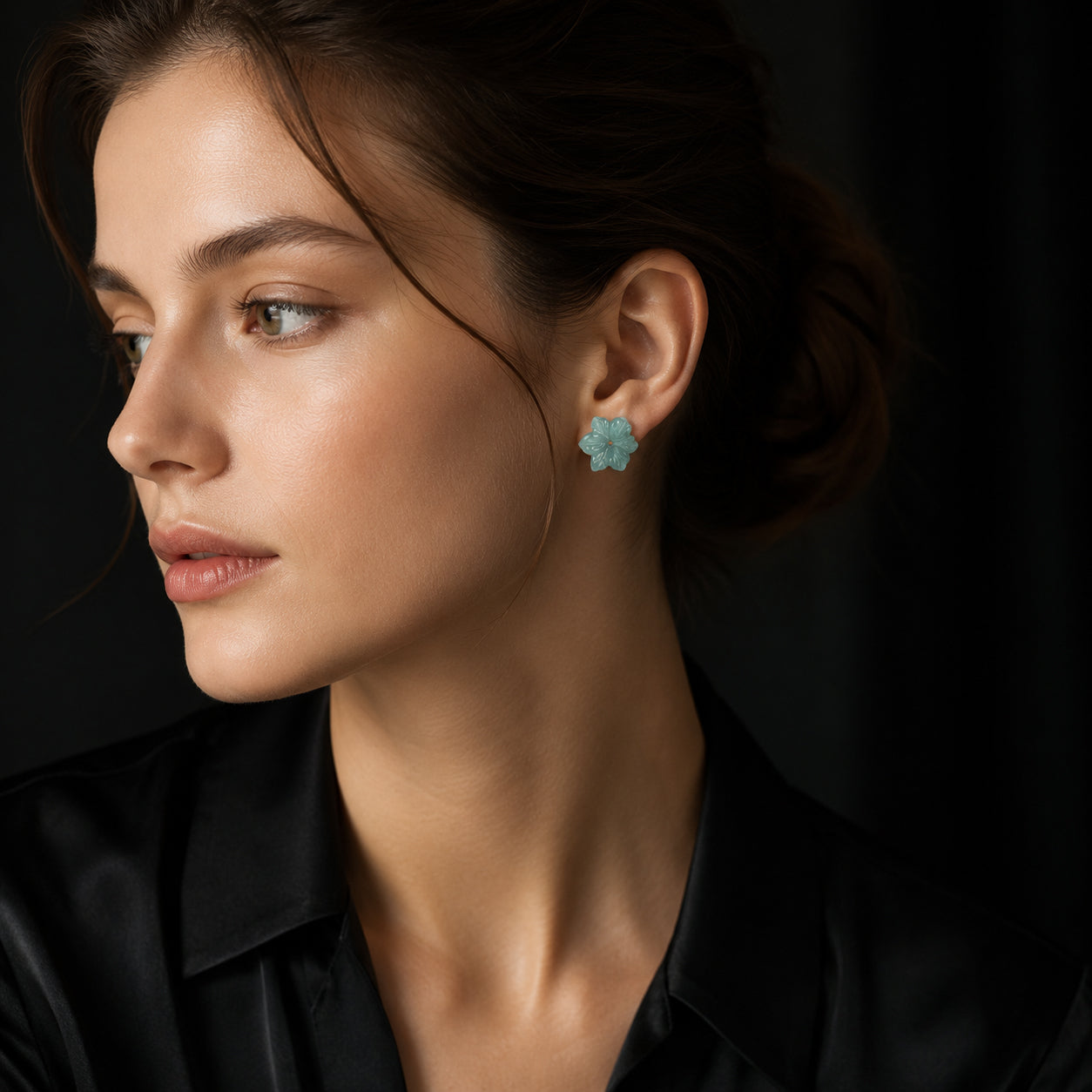 Blue Green Jade Flower Stud Earrings in S925 Silver