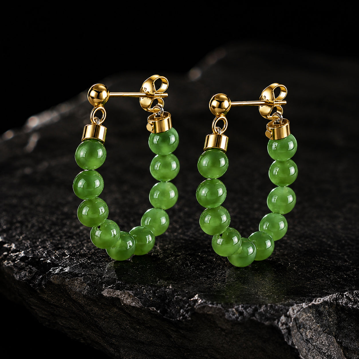 Green Jade Bead Chain Earrings – S925 Silver Jewelry for Elegance & Harmony