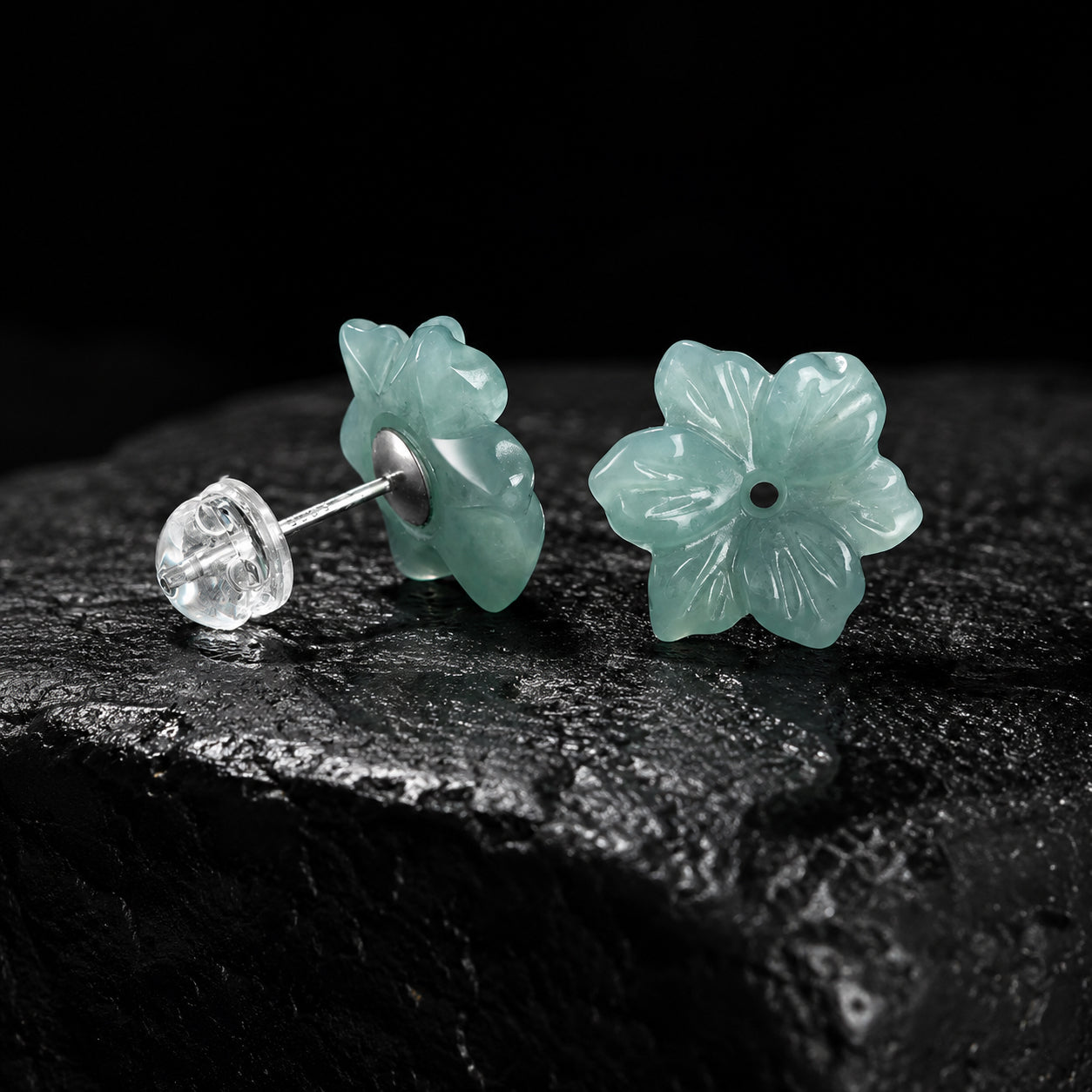 Blue Green Jade Flower Stud Earrings in S925 Silver