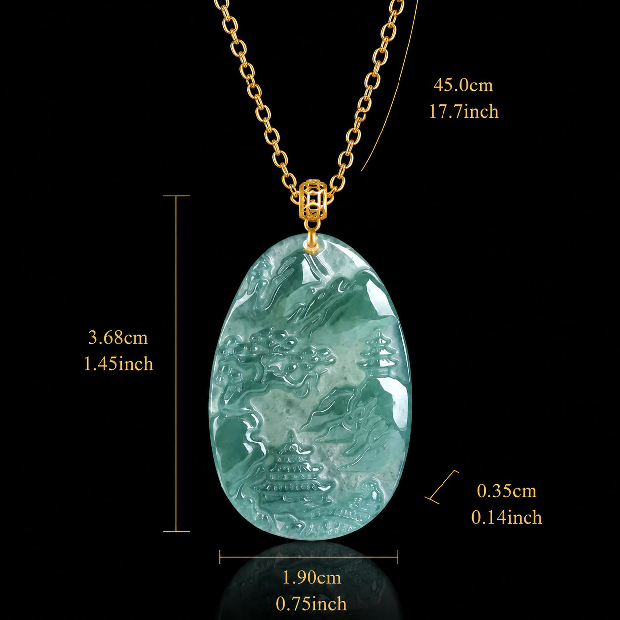 Real Blue Jadeite Landscape Plaque Pendant Necklace – 925 Silver 45CM, 18K Gold Clasp