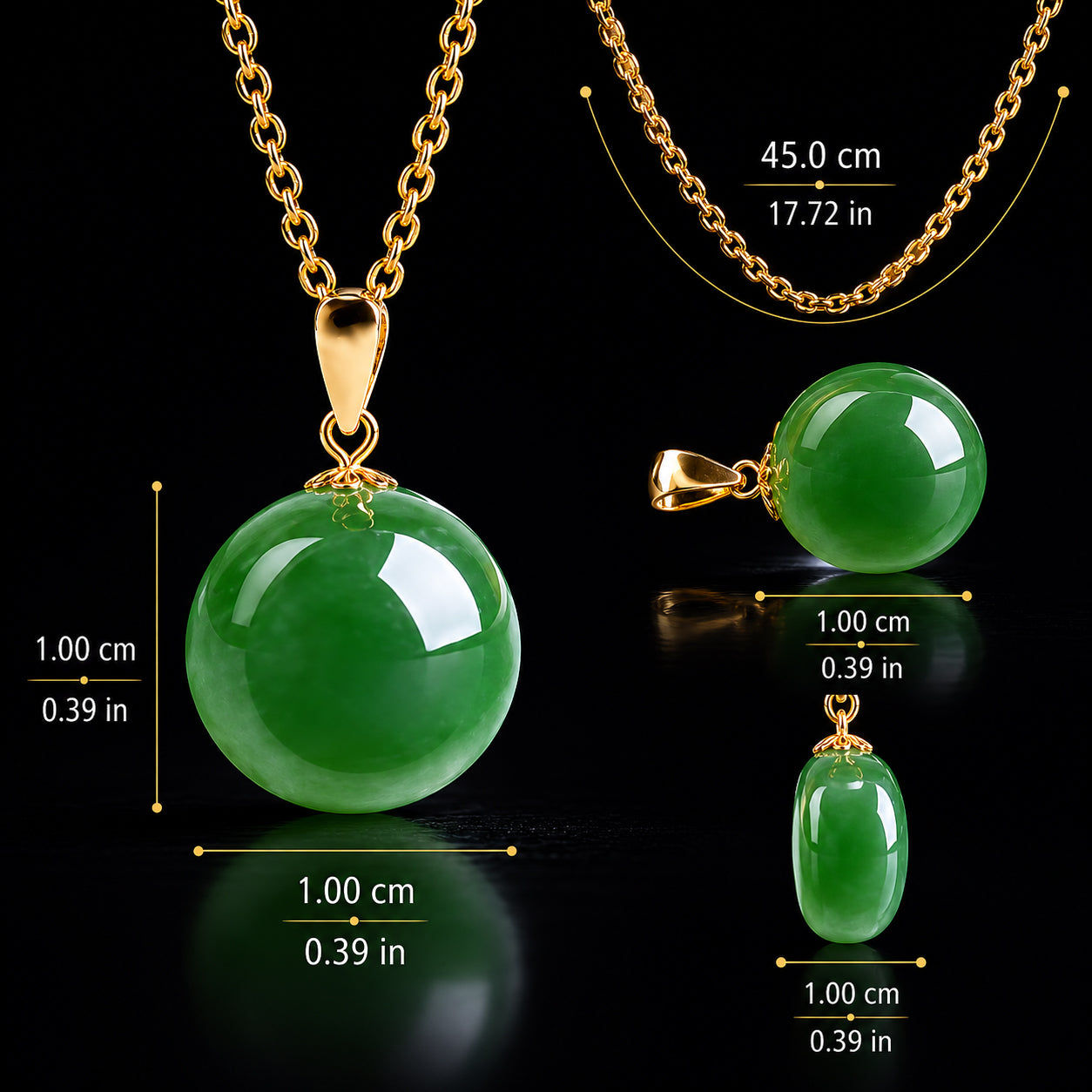 Green Jade Round Bead Pendant Necklace – 45CM 18K Gold Clasp, Elegant & Lucky Jewelry