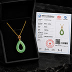 Ripple-Carved Green Jade Teardrop Necklace in S925 Silver