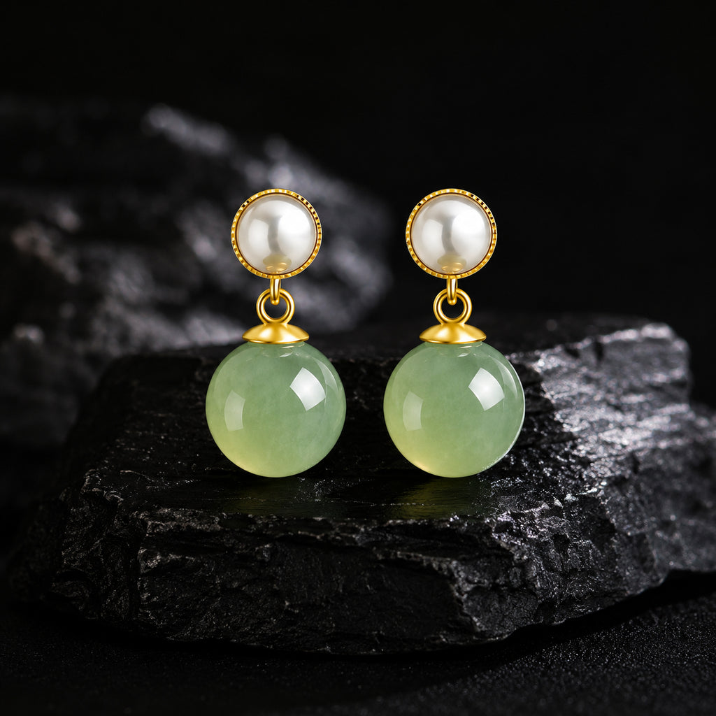 Natural Pale Yellow-Green Jade Bead Drop Earrings