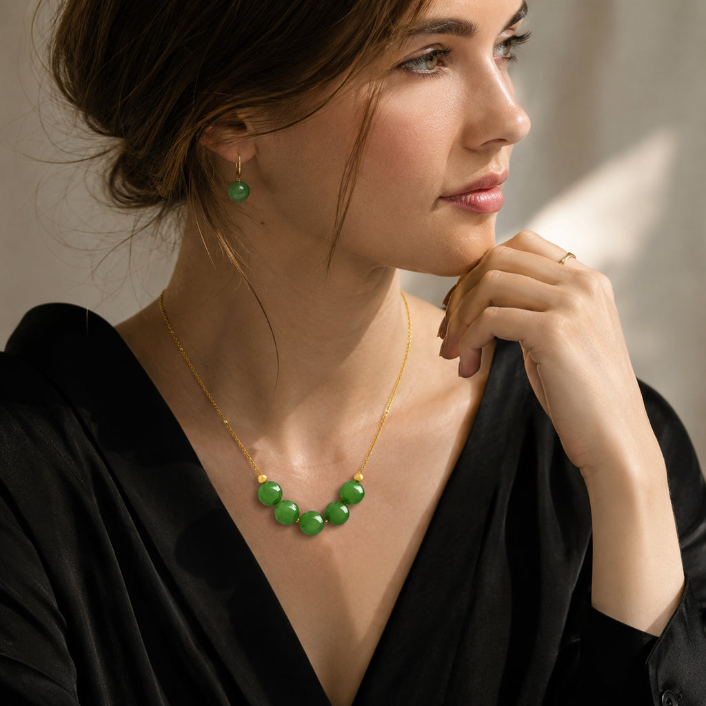 Green Jade 8mm Beaded Pendant Collar Necklace – S925 Silver, Handmade Jewelry for Luck & Harmony