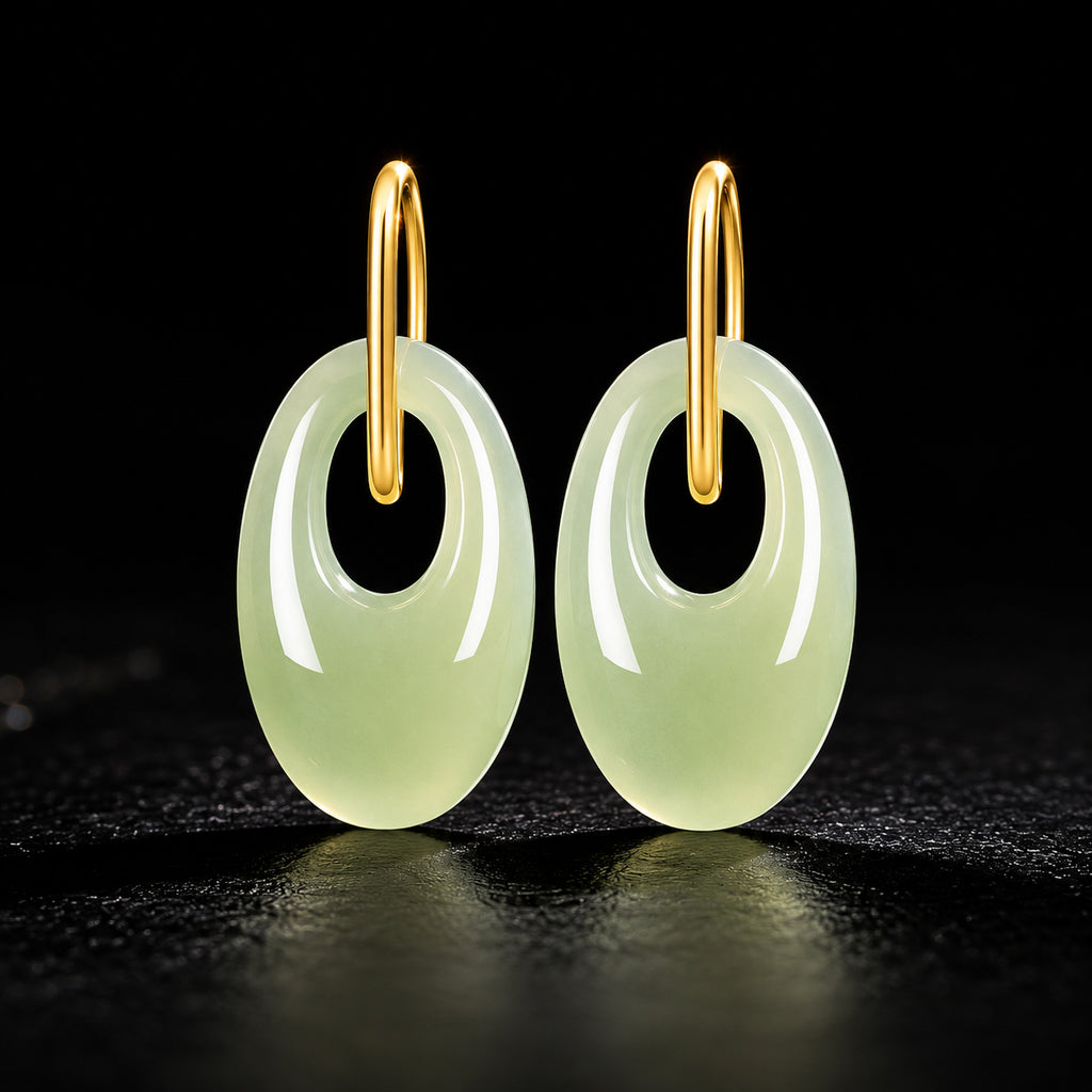 Natural light green jadeite oval drop earrings