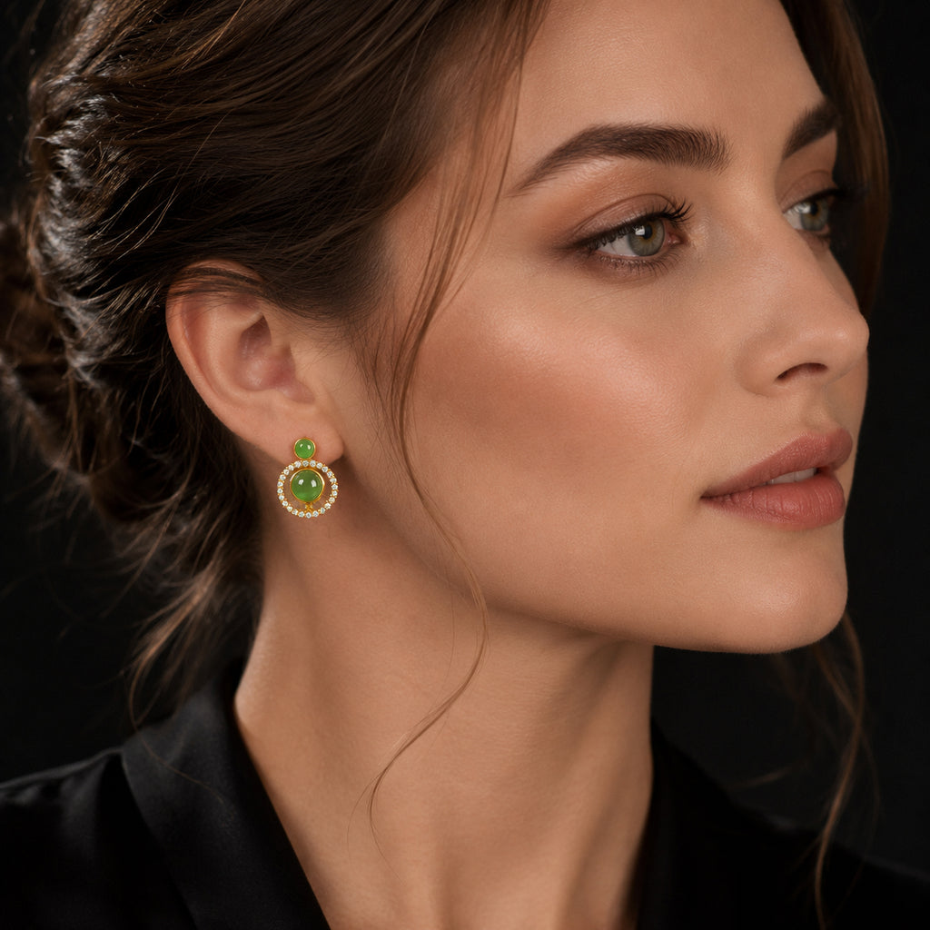 Green Jade Circle Stud Earrings in Gold Plated S925 Silver