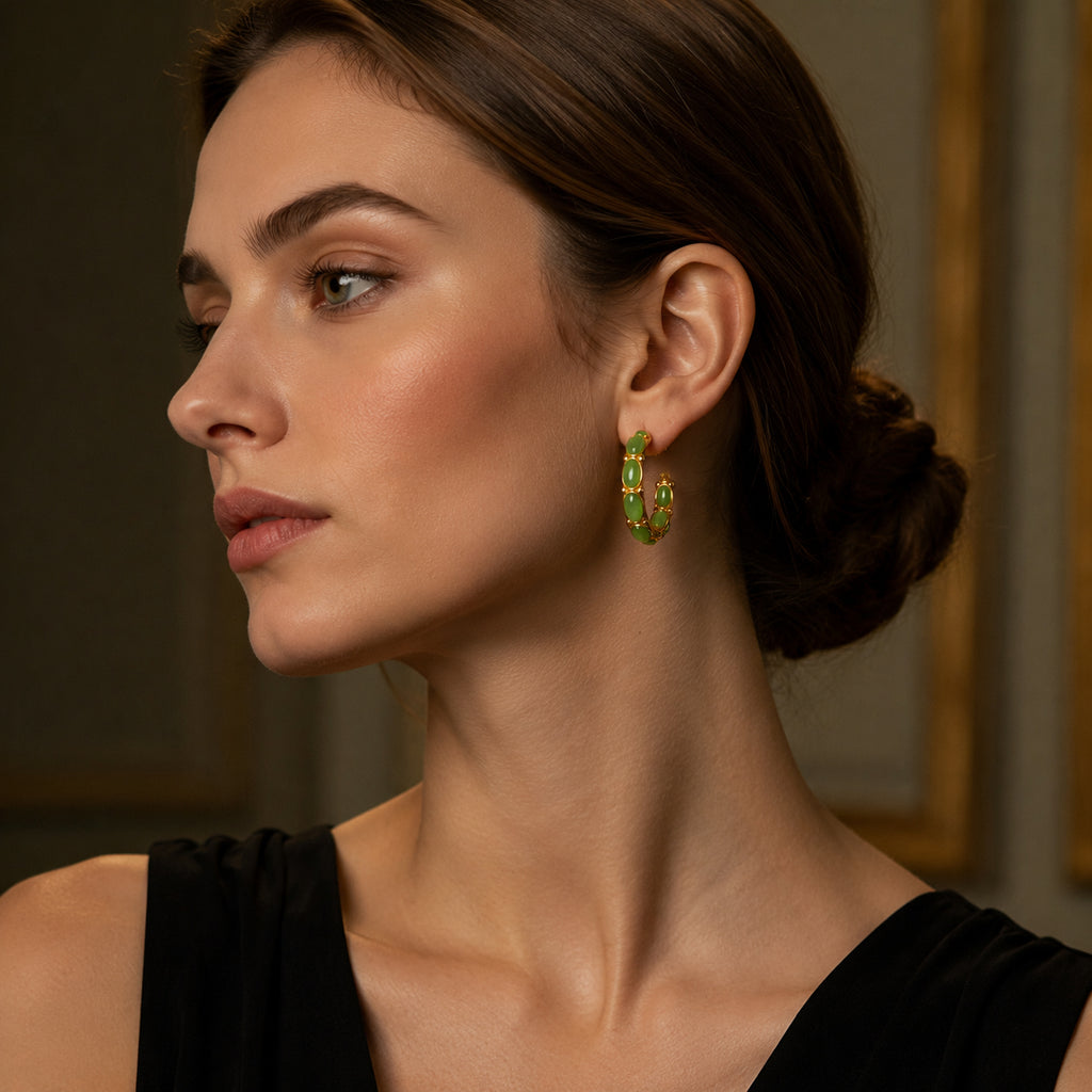Green Jade Cabochon Hoop Earrings