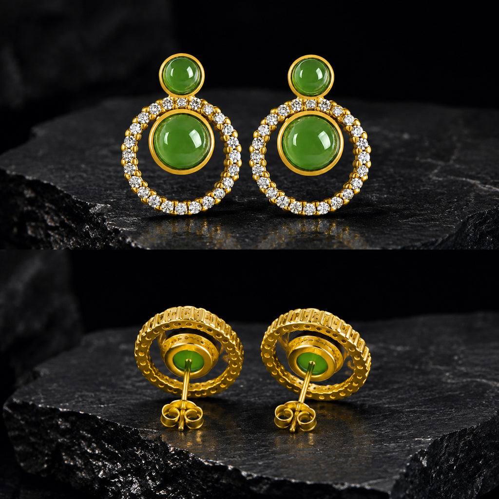 Green Jade Circle Stud Earrings in Gold Plated S925 Silver