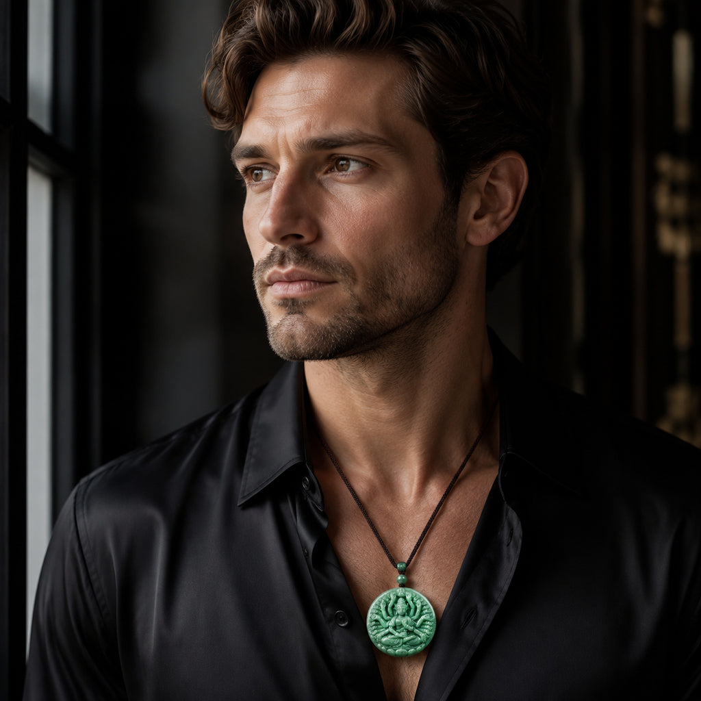 Real Hand-Carved Jadeite Thousand-Hand Guanyin Pendant Necklace – Men’s Jewelry