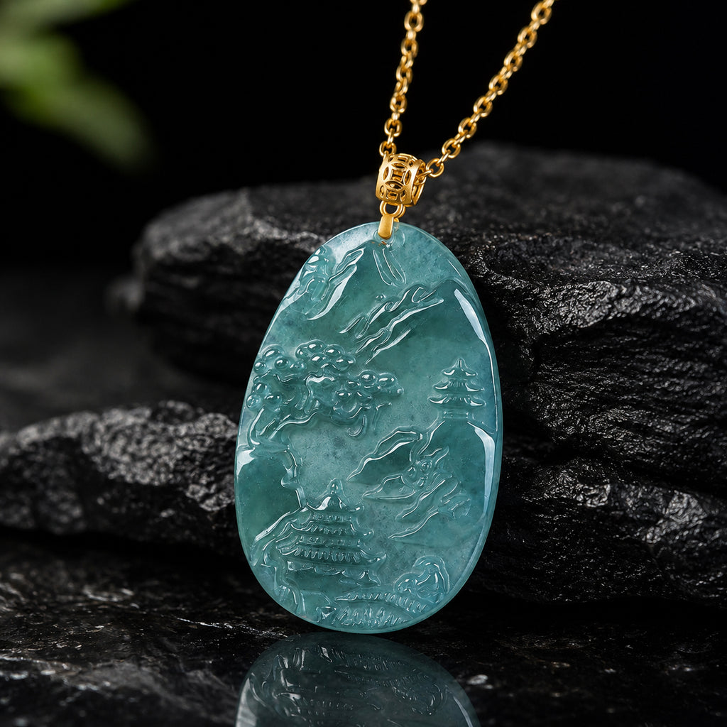 Real Blue Jadeite Landscape Plaque Pendant Necklace – 925 Silver 45CM, 18K Gold Clasp