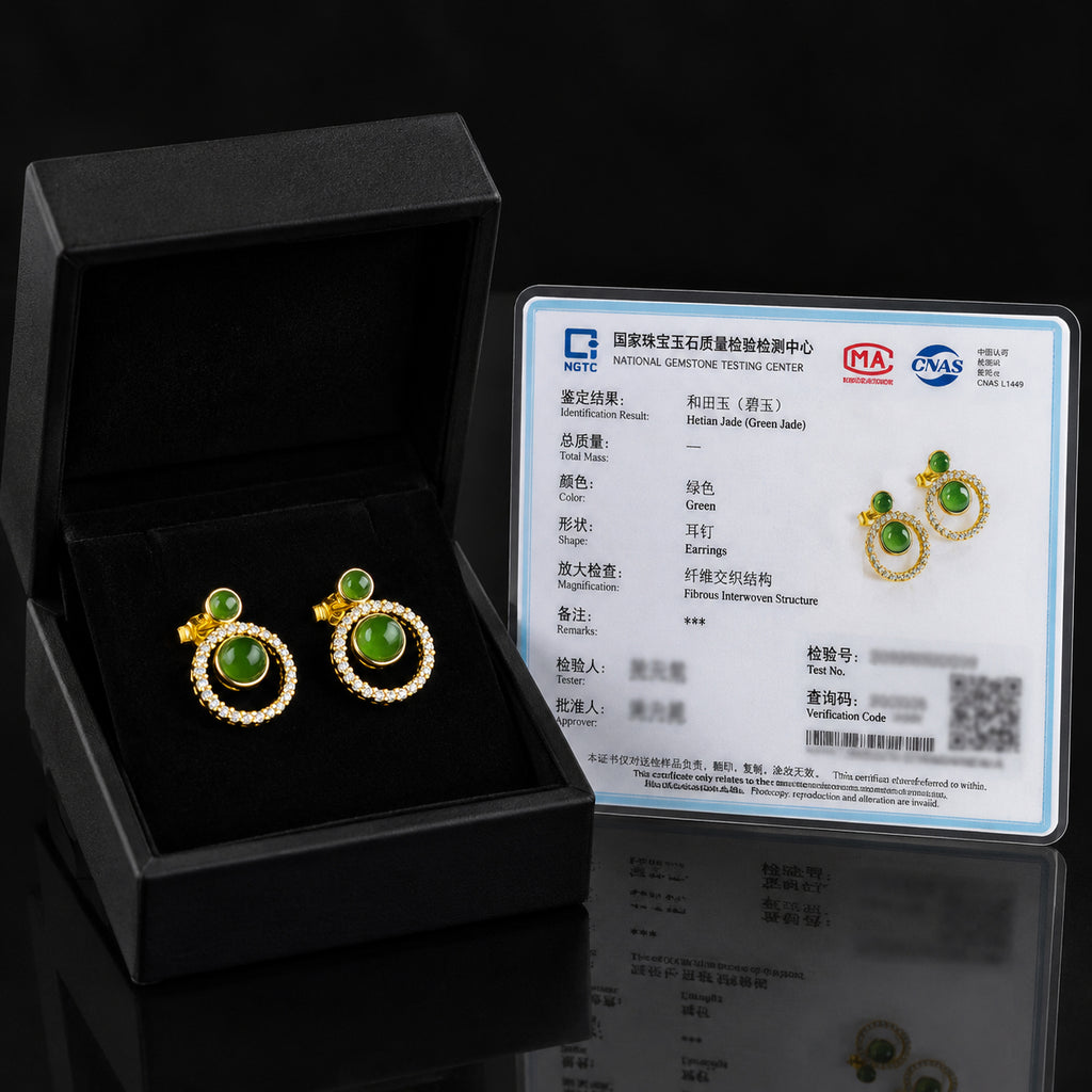 Green Jade Circle Stud Earrings in Gold Plated S925 Silver