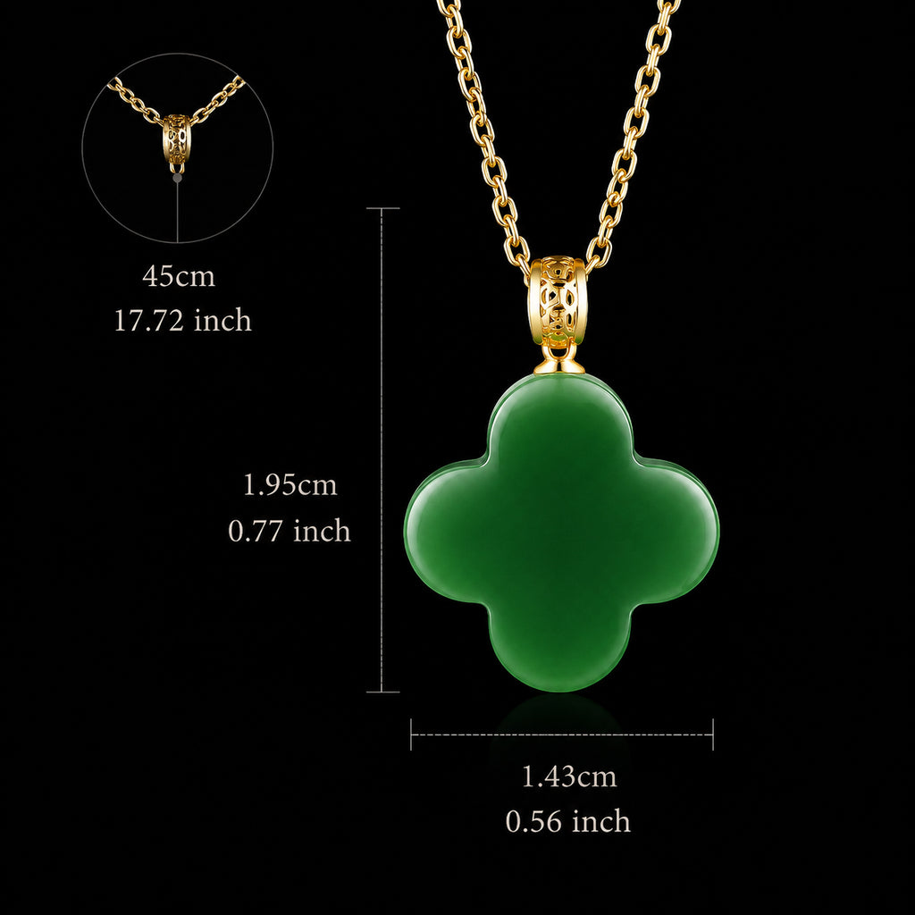 Real Green Jade Four-Leaf Clover Pendant Necklace – 925 Silver Chain 46CM with 18K Gold Clasp, Lucky Jewelry