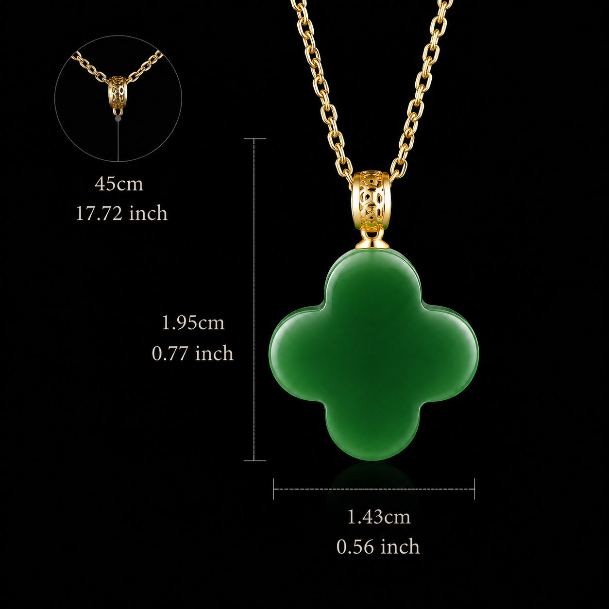 Real Green Jade Four-Leaf Clover Pendant Necklace – 925 Silver Chain 46CM with 18K Gold Clasp, Lucky Jewelry