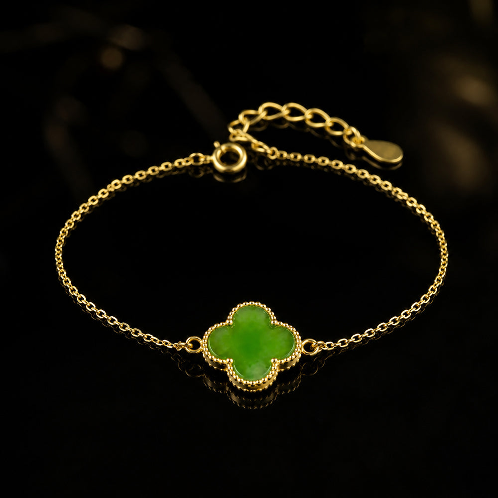 Vivid Green Jade Clover Bracelet in Gold-Plated S925 Silver
