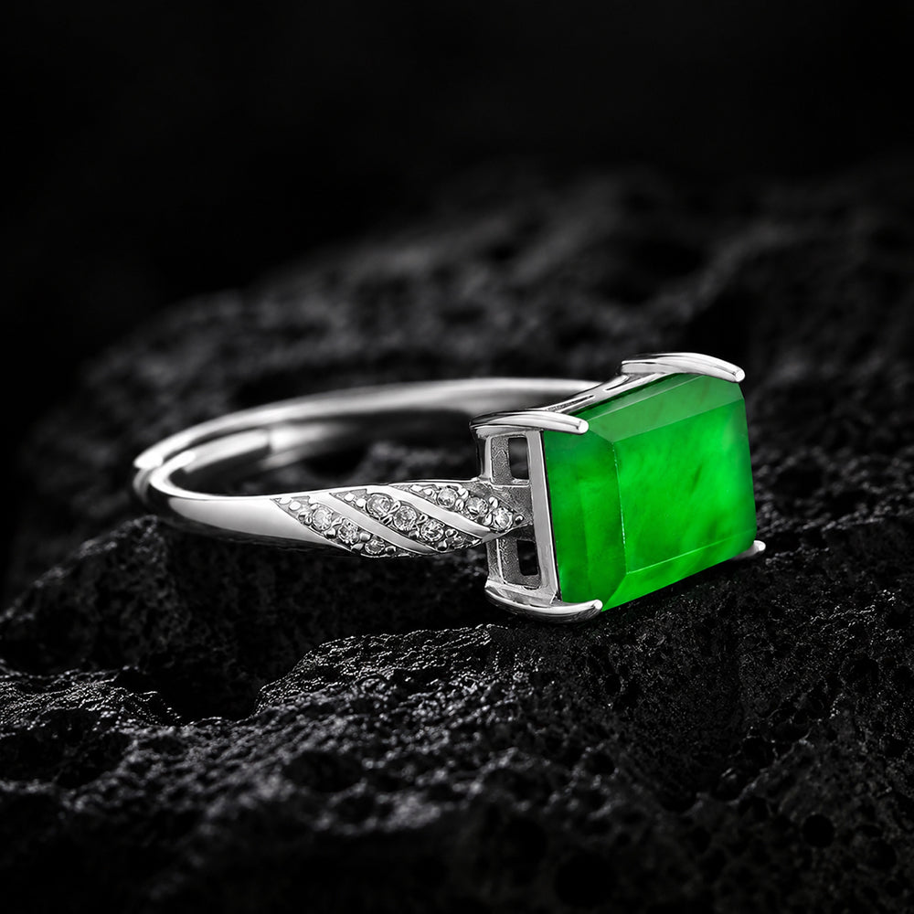 Natural Green Jadeite Saddle Ring Adjustable S925 Silver Jewelry